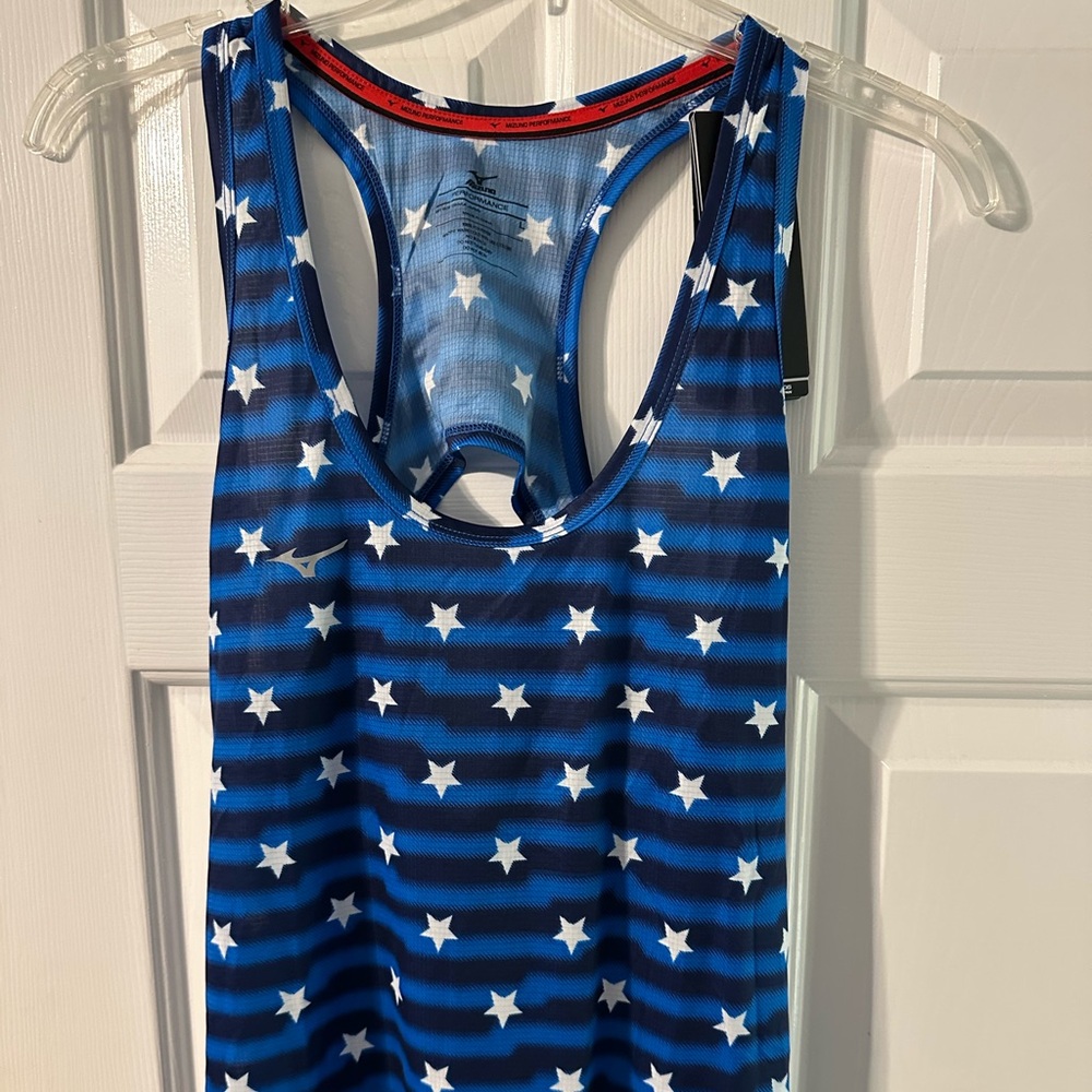 Mizuno Blue stripe with white stars Racerback ladies tank.  NWT, size large.